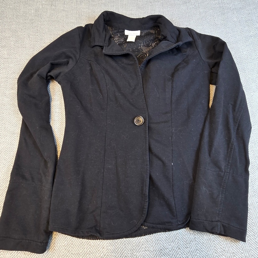Tru Self Womens Black Knit Blazer Sheer Lace Back Single Button Jacket Small